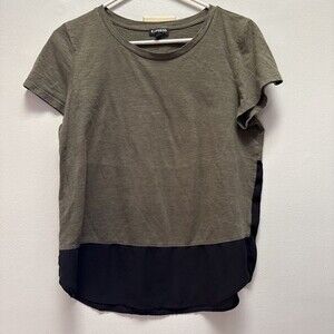 Express Women's Olive Army Green Black Sheer Accent Shirt Medium Short Sleeve